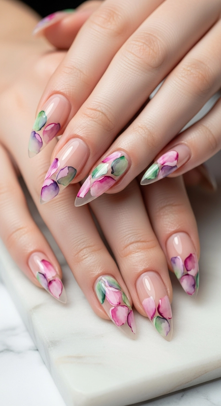 Stiletto nails with a delicate watercolor floral design in pink and purple.