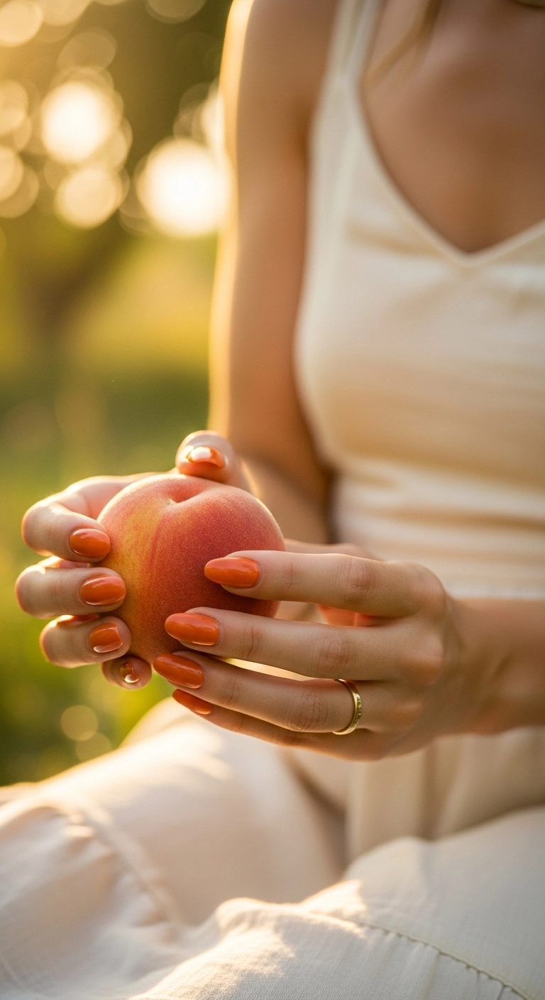 Woman's hands with glossy peach fuzz colored nails holding a fresh peach.