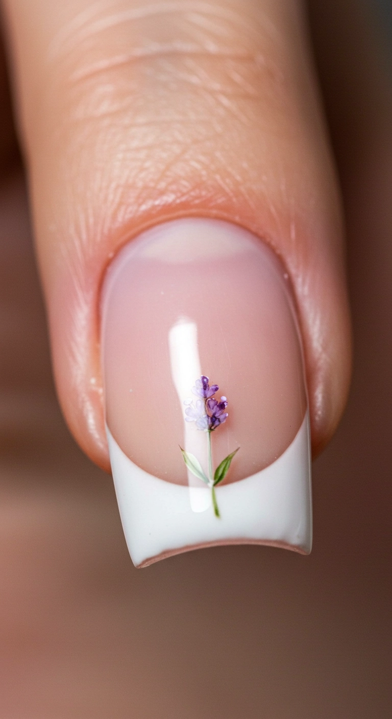 A short square nail with a micro French tip and a tiny lavender flower accent.