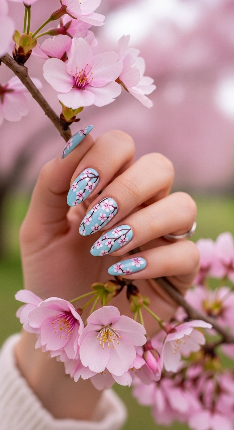 Almond-shaped nails with a pale blue base and cherry blossom branch art.