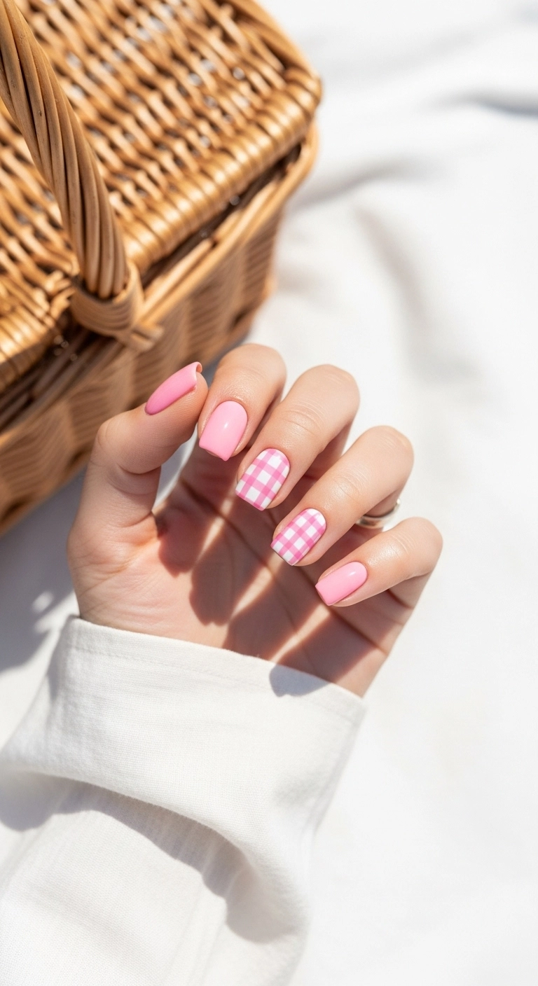 Short square nails with a pink and white gingham pattern on accent nails.