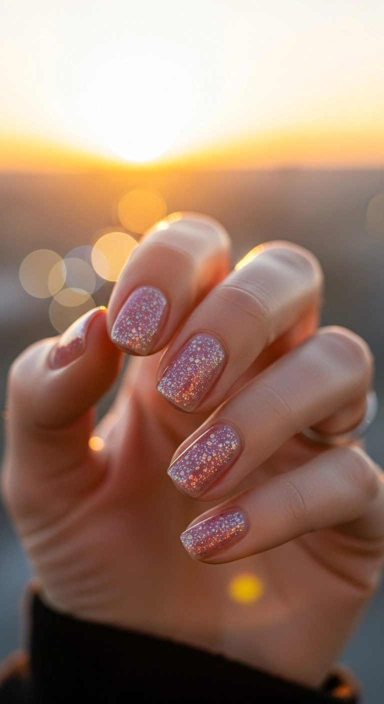 Short nails with a sheer pink polish and fine iridescent glitter.