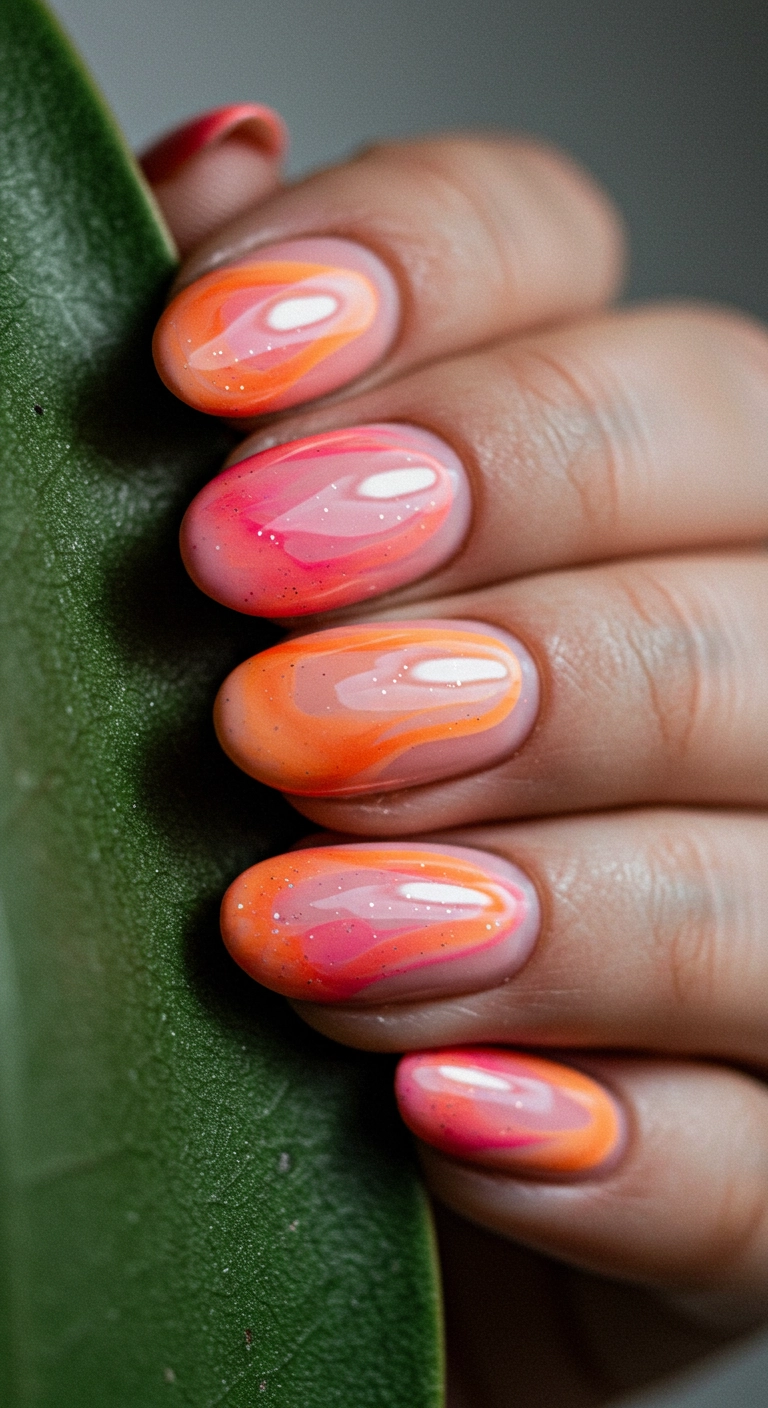 Close-up of oval nails with a pink and orange aura design.