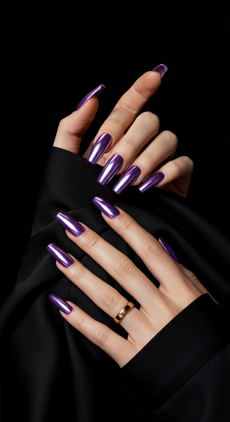 Long coffin-shaped nails with a reflective lavender chrome finish.