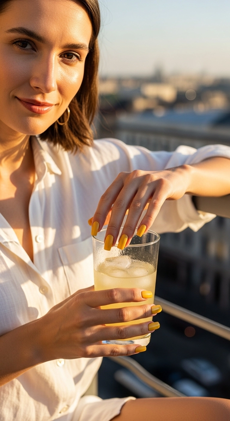 Woman's hands with glossy butter yellow nails holding a glass of lemonade.