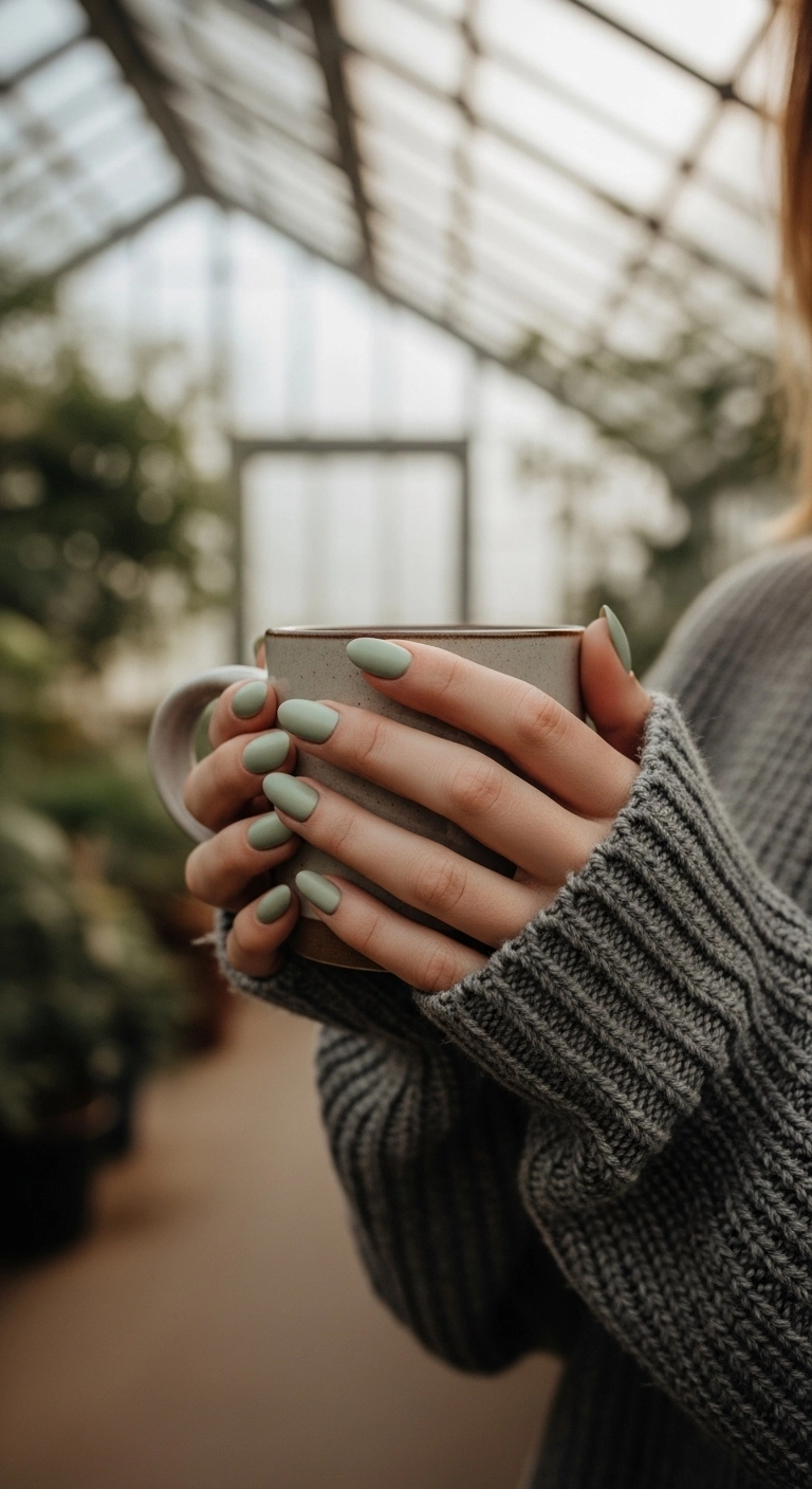 Woman's hands with matte sage green nails wrapped around a mug.