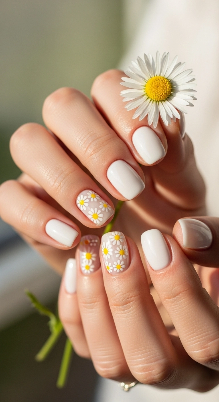 Close-up of milky white nails with tiny, hand-painted daisy art on accent nails.