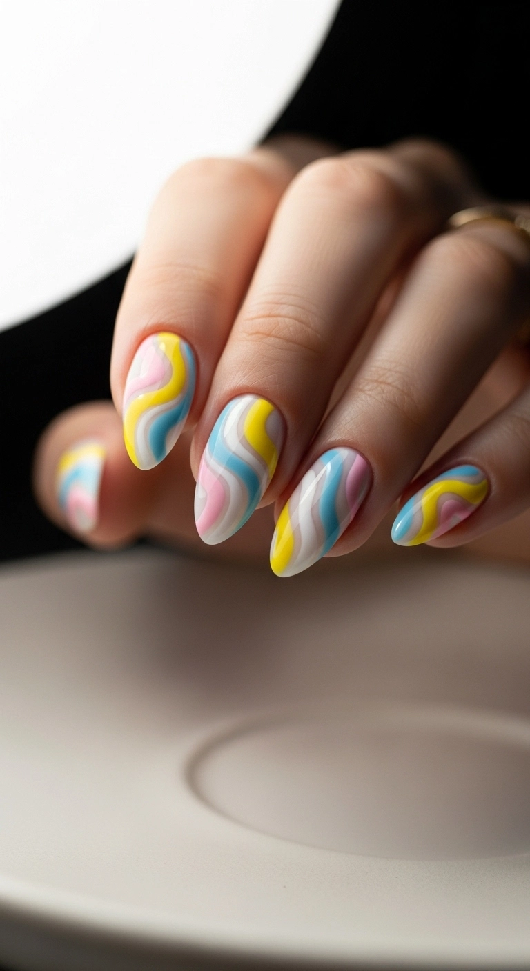 Almond nails with an abstract swirl design in pastel yellow, blue, and pink.