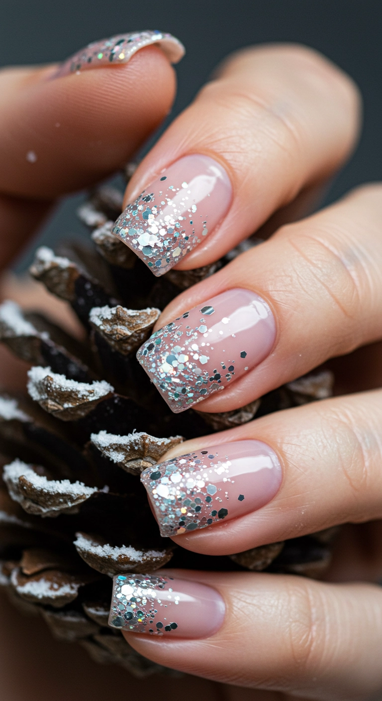 Manicured nails with frosted glitter tips, creating a subtle Christmas nail look reminiscent of snow.