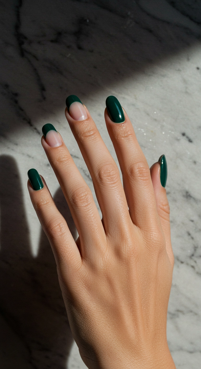 A chic half-moon manicure in deep emerald green, a subtle Christmas nail idea.