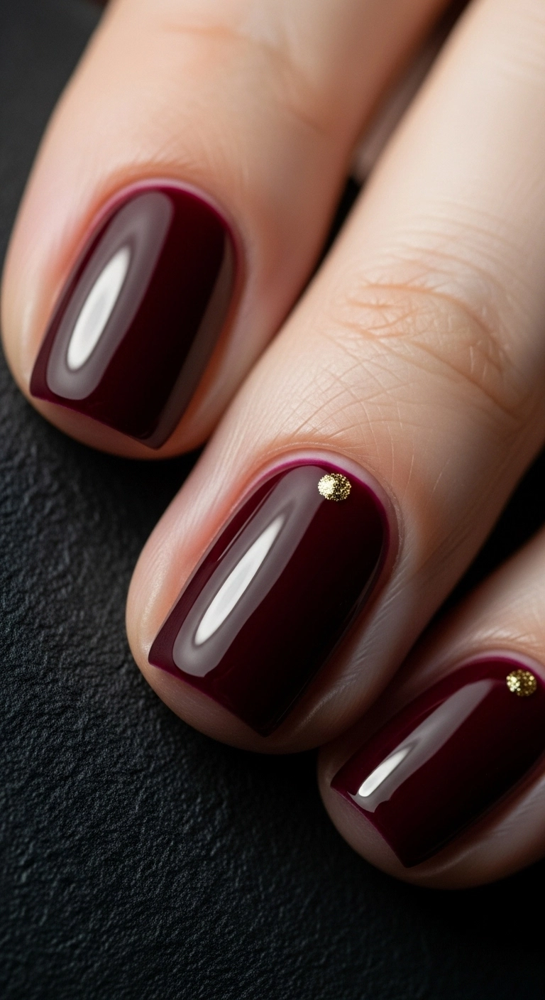 A single burgundy nail with a gold glitter dot at the cuticle for a subtle and elegant Christmas manicure.