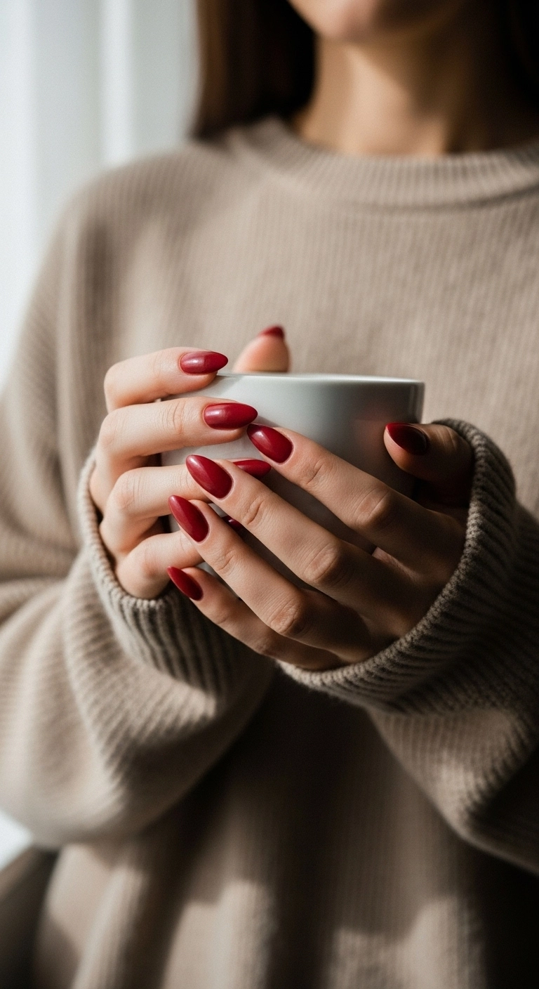 Elegant hands with matte cranberry red polish, a classic and subtle Christmas nail color.
