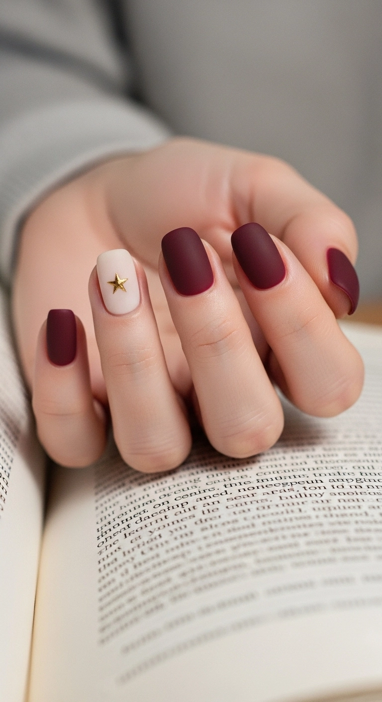 A minimalist and subtle Christmas nail design with a single tiny gold star on a burgundy accent nail.