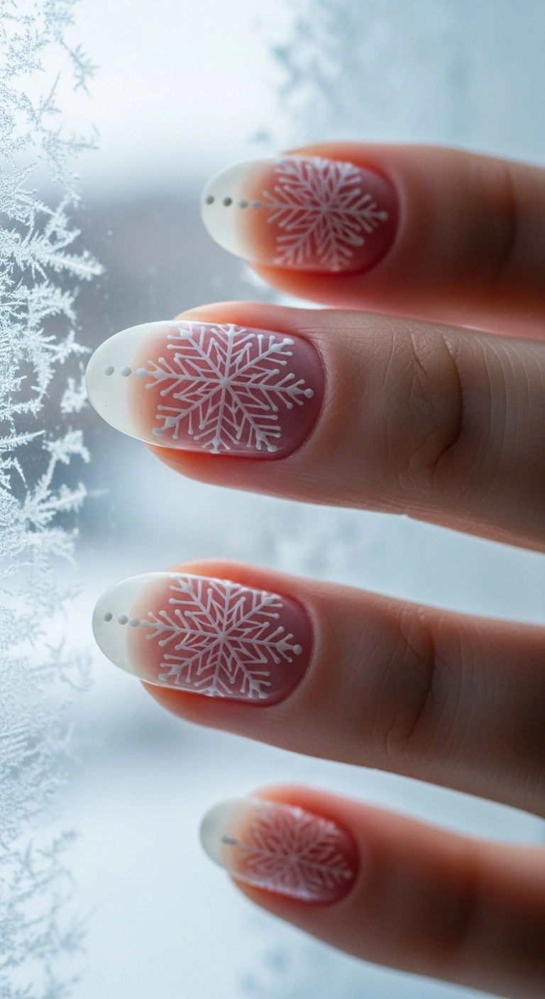 A single nail with a negative space snowflake design, a modern and subtle Christmas nail art idea.