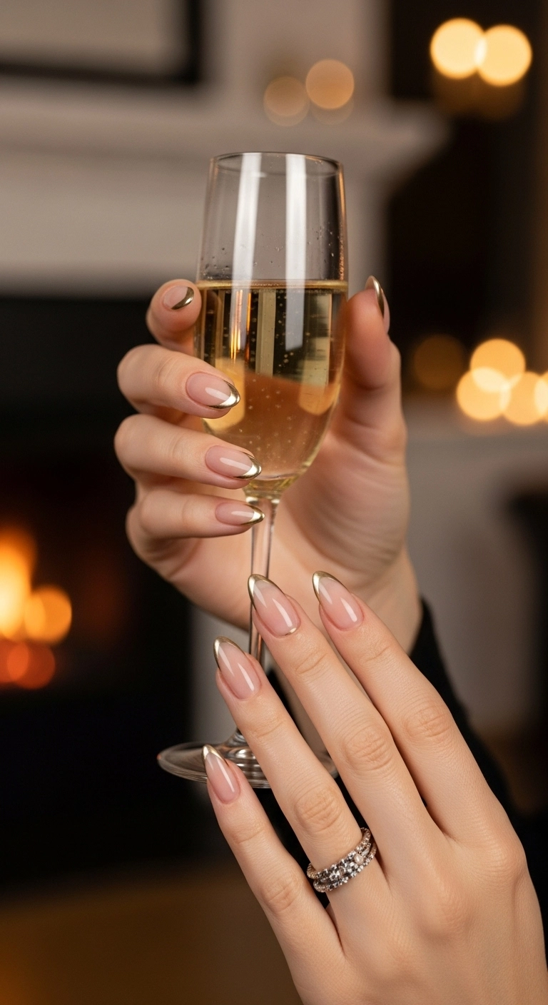Close-up of manicured hands with subtle Christmas nails featuring a gilded gold French tip design.