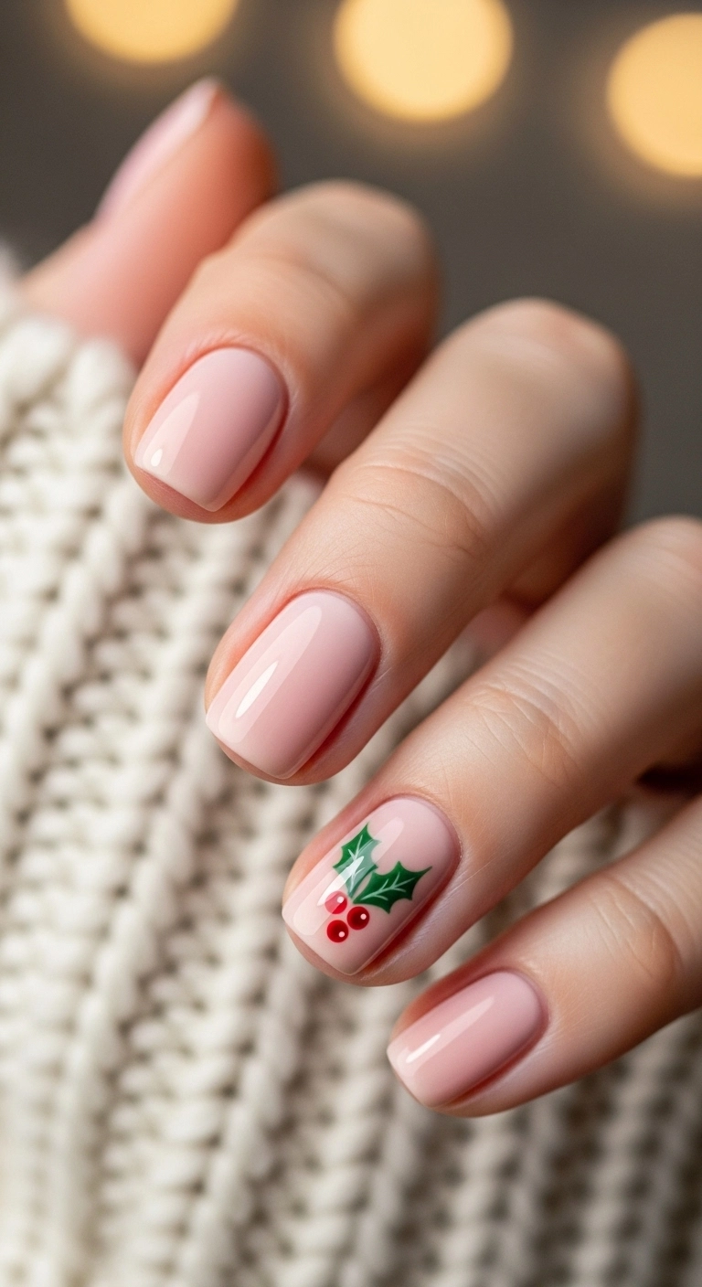 A single fingernail with a subtle Christmas nail design featuring a tiny, hand-painted holly accent.