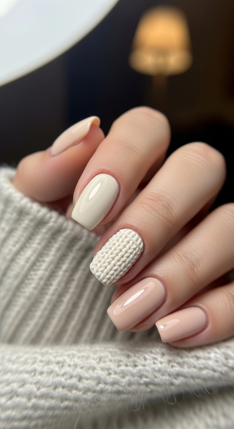 Close-up of a manicure with a subtle Christmas nail accent featuring a 3D sweater knit texture.