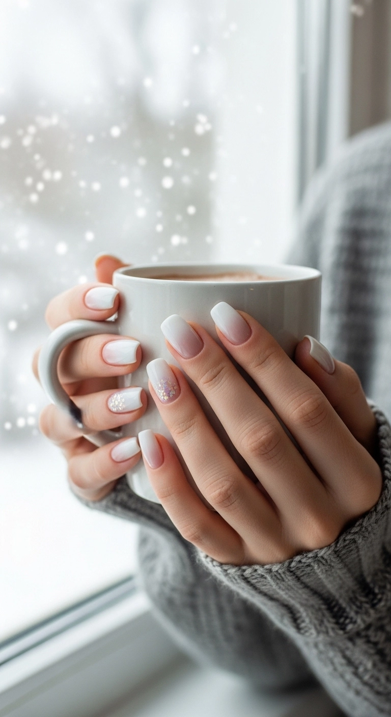 Woman's hands with subtle Christmas nails in a wintery white to nude ombré design.