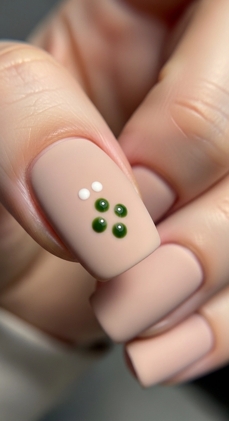 A subtle Christmas nail design with tiny green and white dots forming a minimalist mistletoe sprig.