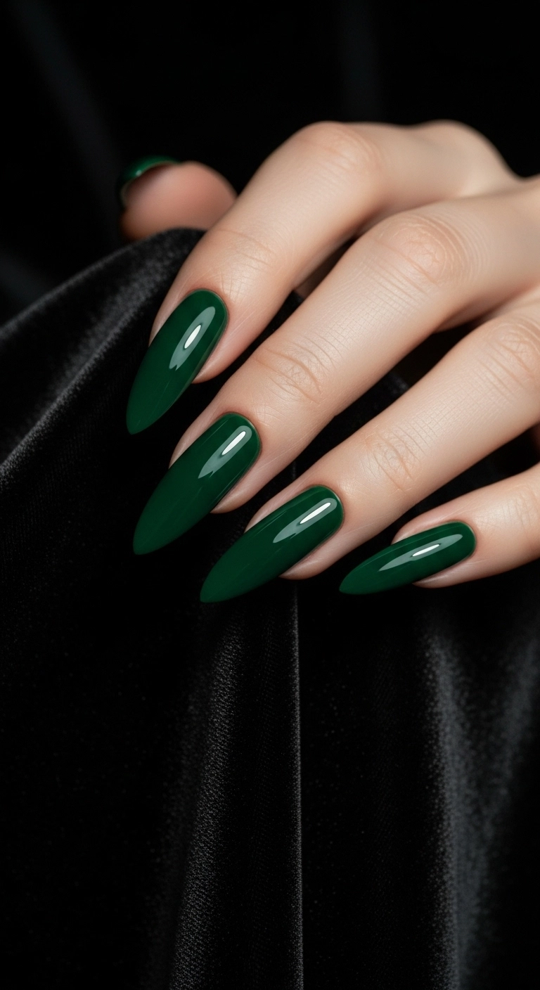 A woman's hand showcasing long stiletto nails in a glossy, deep pine needle green color for a subtle Christmas look.