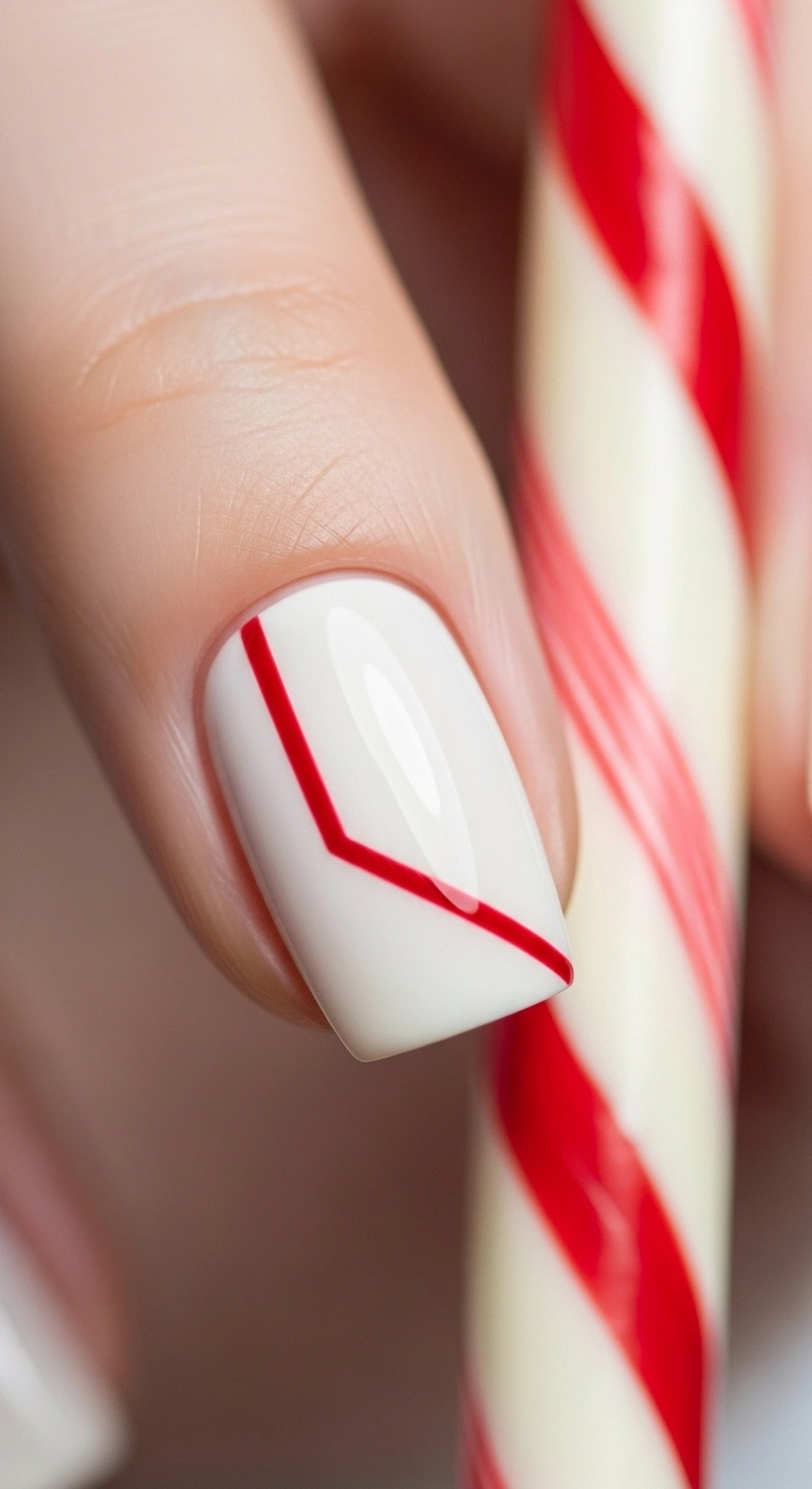 A close-up of a minimalist candy cane stripe on a single nail for a subtle Christmas nail art look.