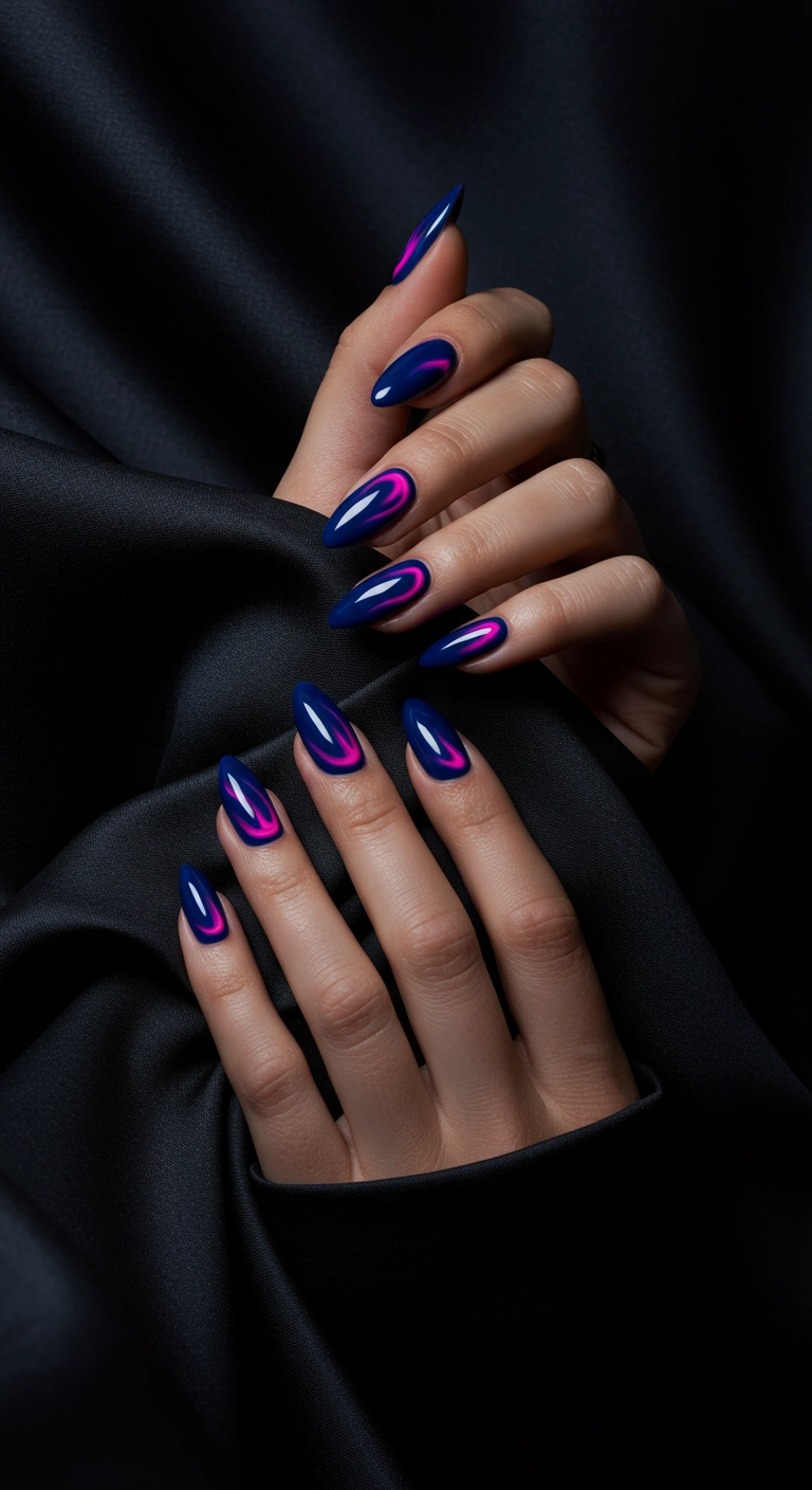 Almond nails with a dark blue base and a vibrant pink aura effect glowing from the center.