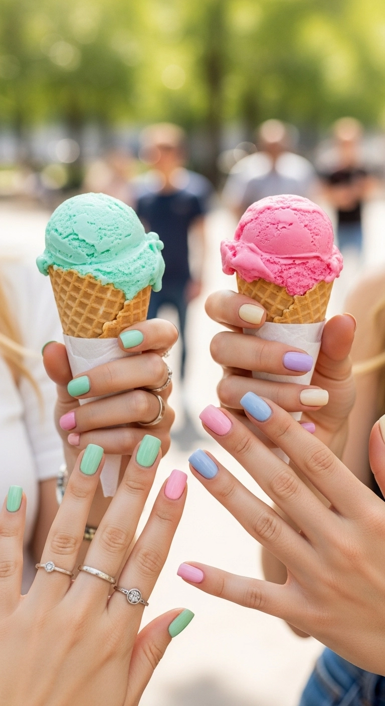 Hand with each nail painted a different pastel color, reaching for an ice cream cone.
