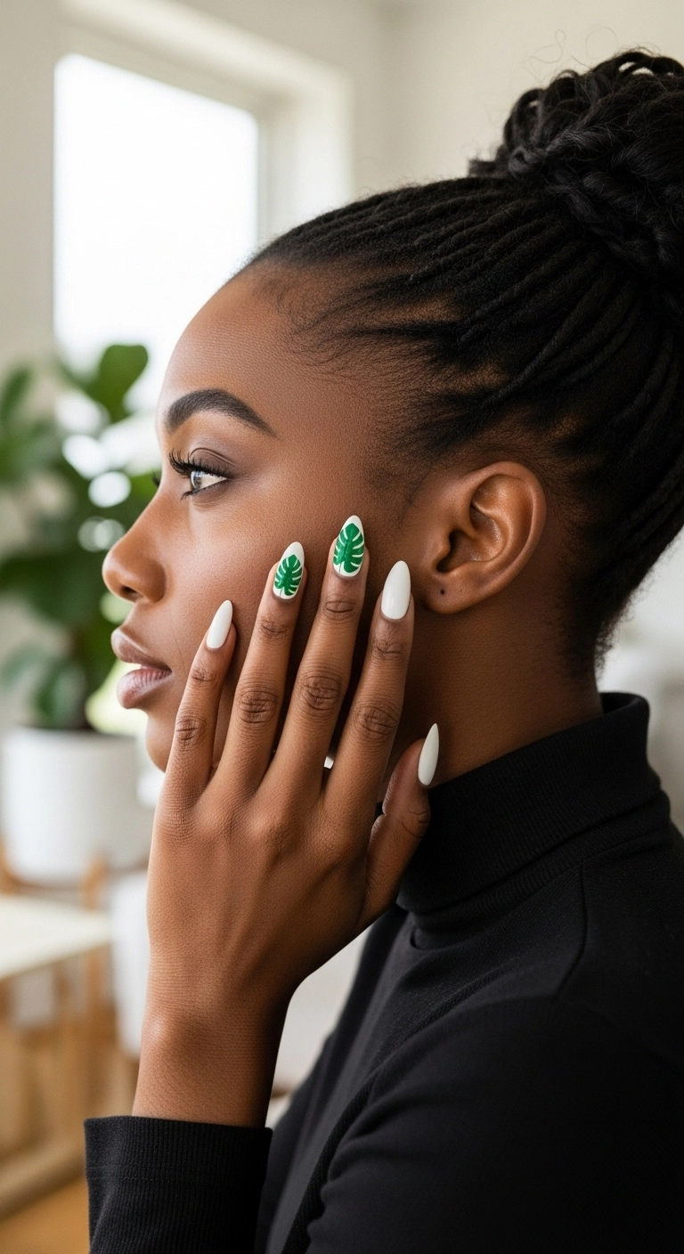 Side view of a woman with almond nails featuring a white base and a green tropical leaf accent nail.