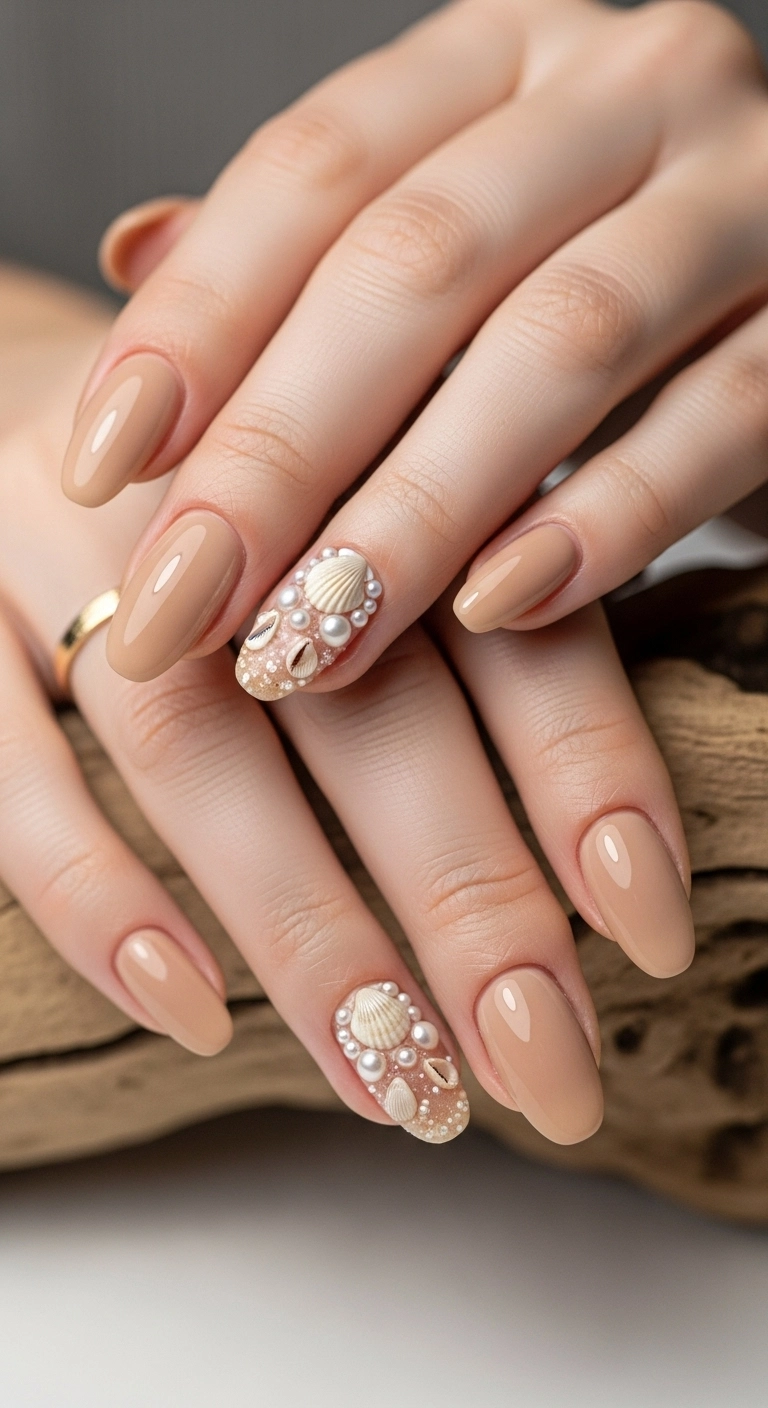 Squoval nails in a sandy beige color with a 3D seashell and pearl accent nail.