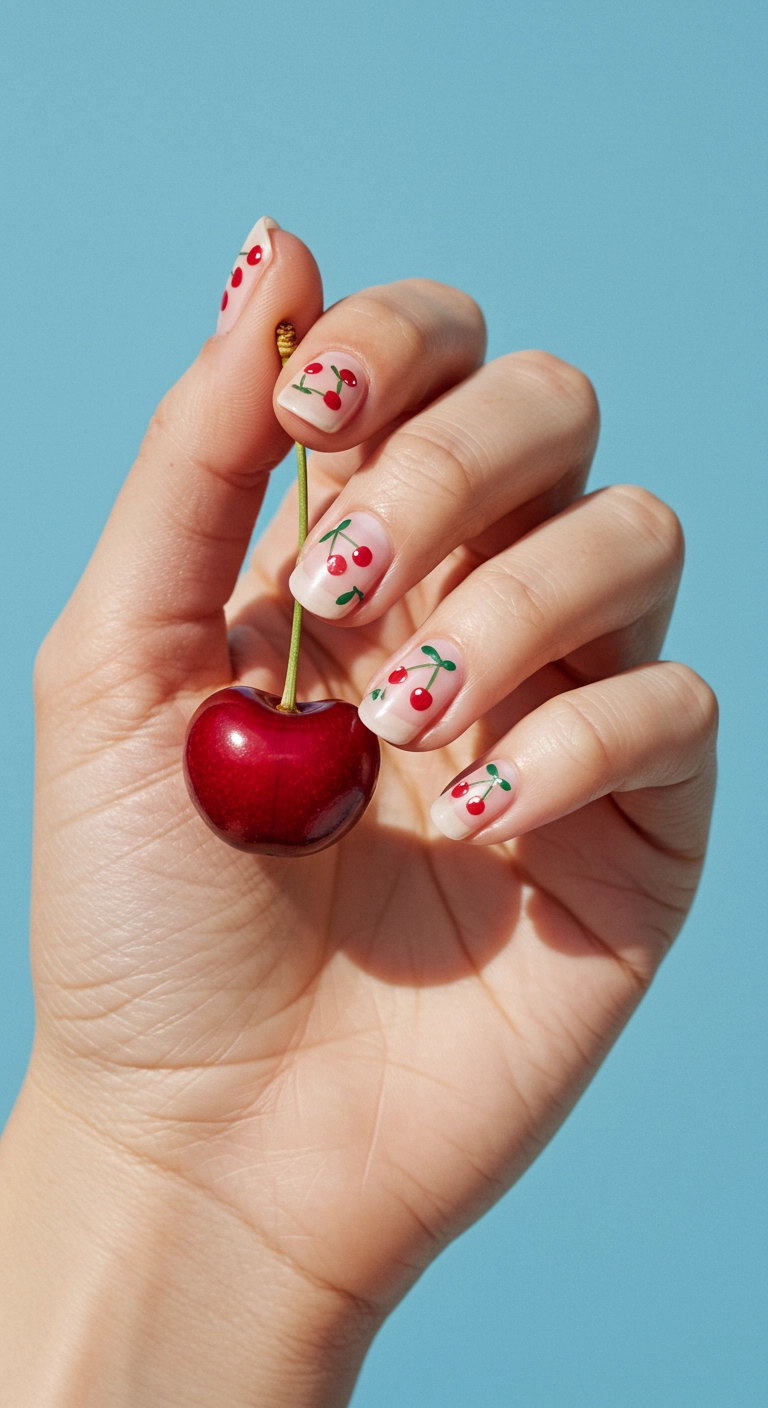 Short round nails with a sheer pink base and tiny hand-painted cherry designs.