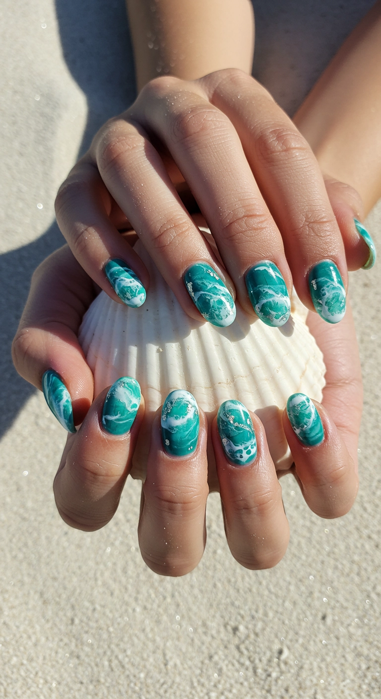 Overhead shot of oval nails with realistic ocean wave art in shades of blue and white.