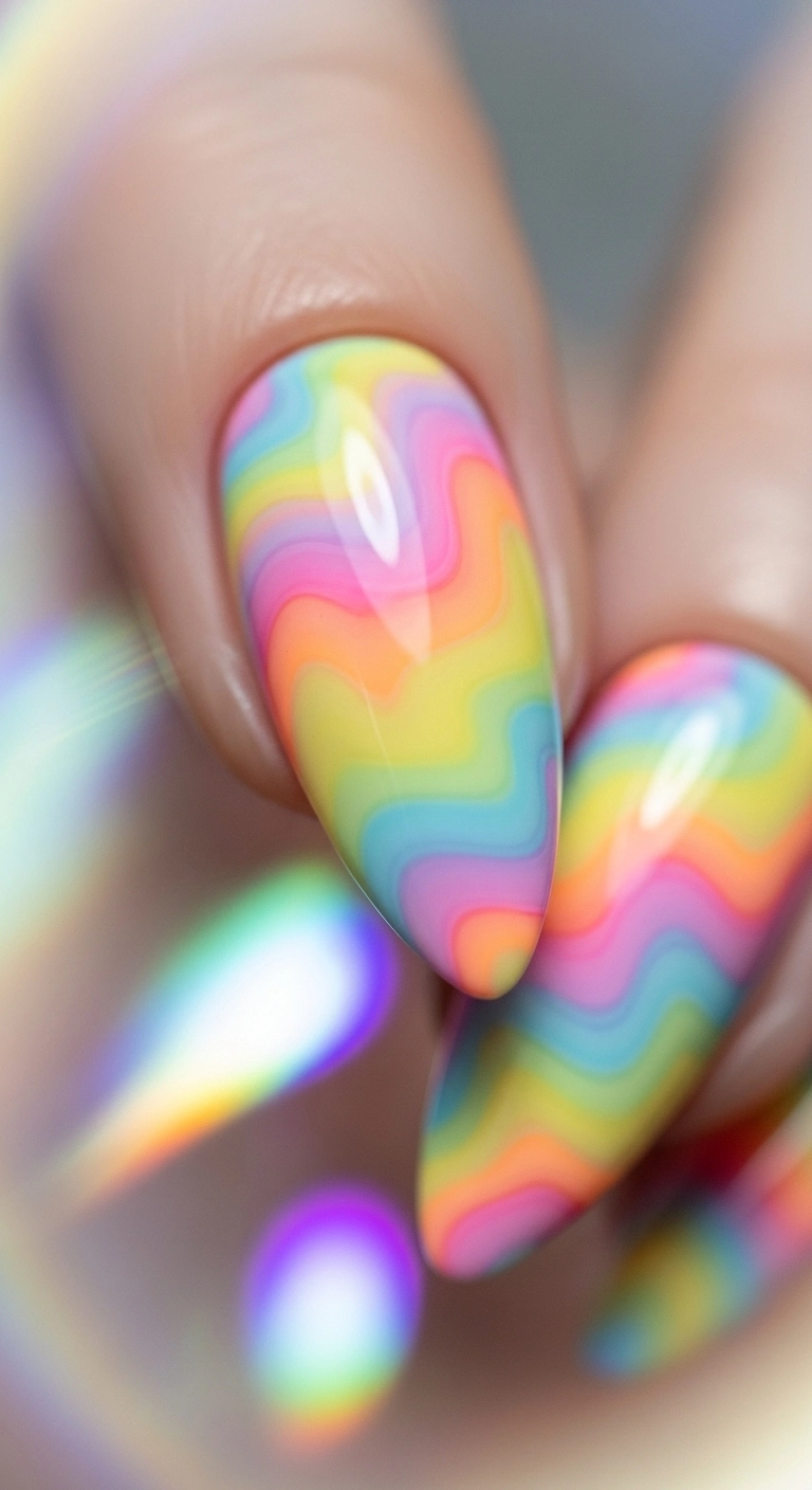Macro shot of an almond nail with a glossy pastel rainbow sorbet swirl design.
