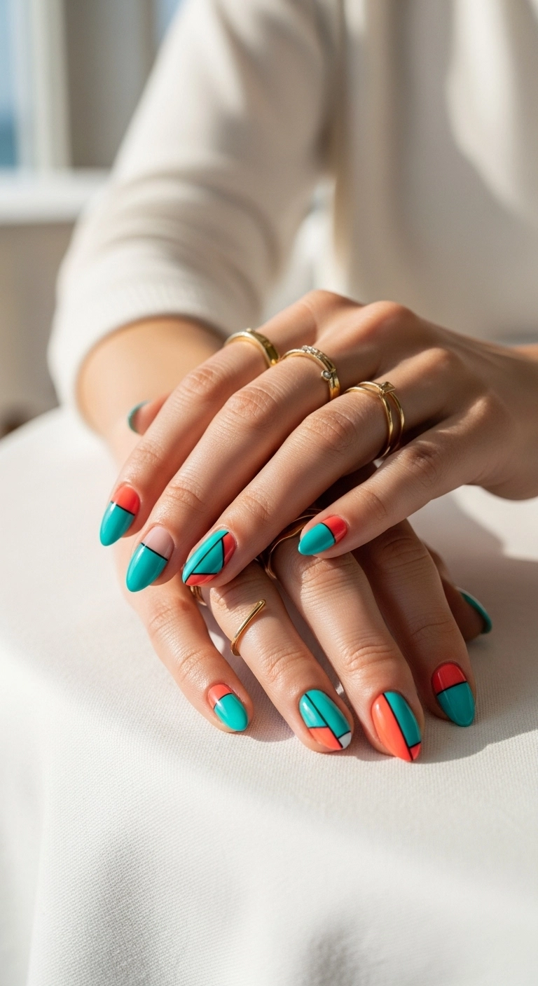 Hands with almond nails in a chic turquoise and coral color-block design.