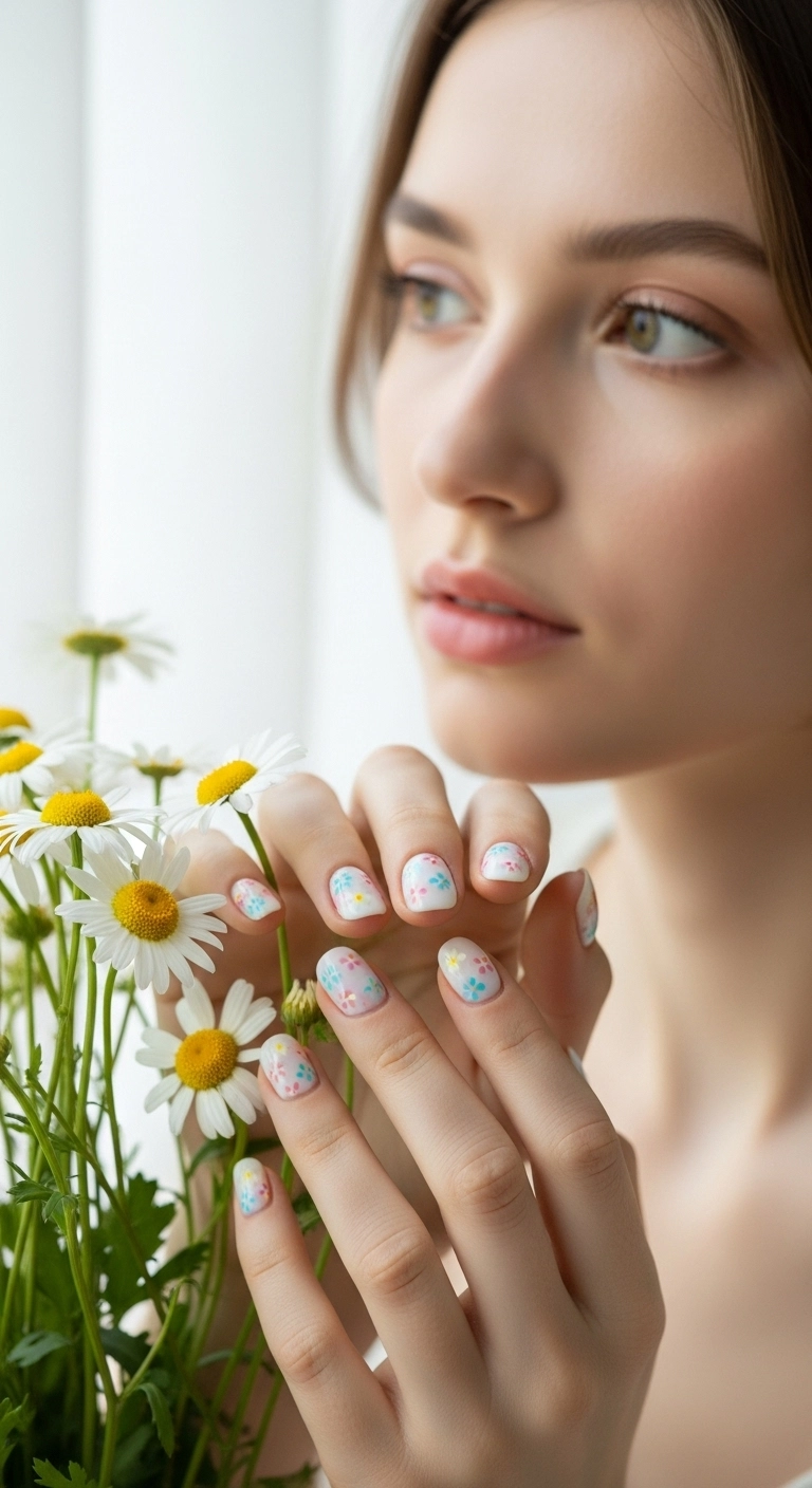 Woman's hands with short, rounded nails painted with delicate pastel floral art.
