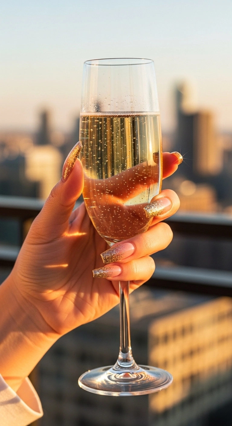 Woman's hand with long coffin nails featuring a nude to gold glitter fade, holding a champagne flute.