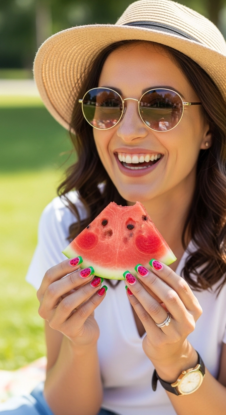 Woman holding a watermelon slice with coffin nails painted in a matching watermelon design.