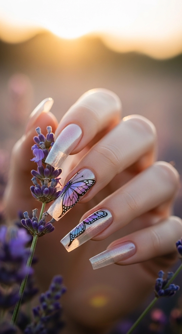 Tapered square nails with an iridescent base and delicate pastel butterfly wing art.
