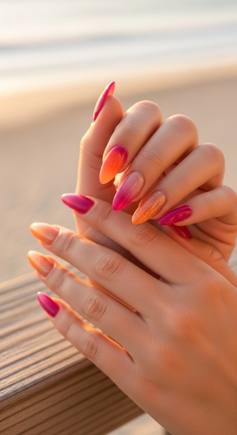 Close-up of almond-shaped nails with a vibrant orange to magenta sunset ombre design.