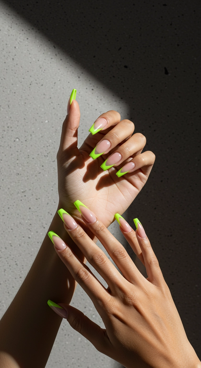 Stiletto nails with a nude base and vibrant neon green French tips against a concrete wall.