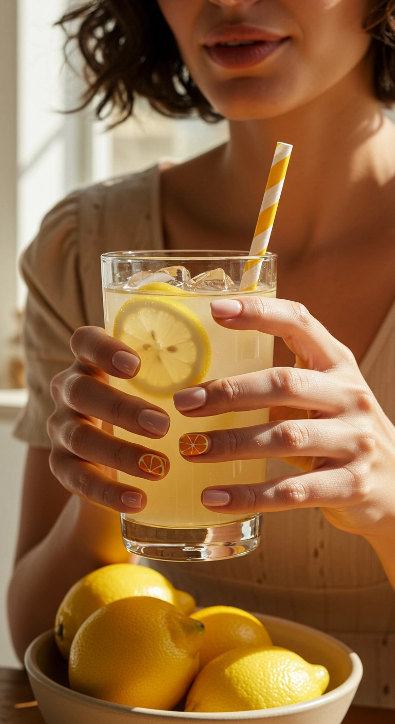 Woman's hands with short square nails decorated with tiny citrus slice art holding a glass of lemonade.