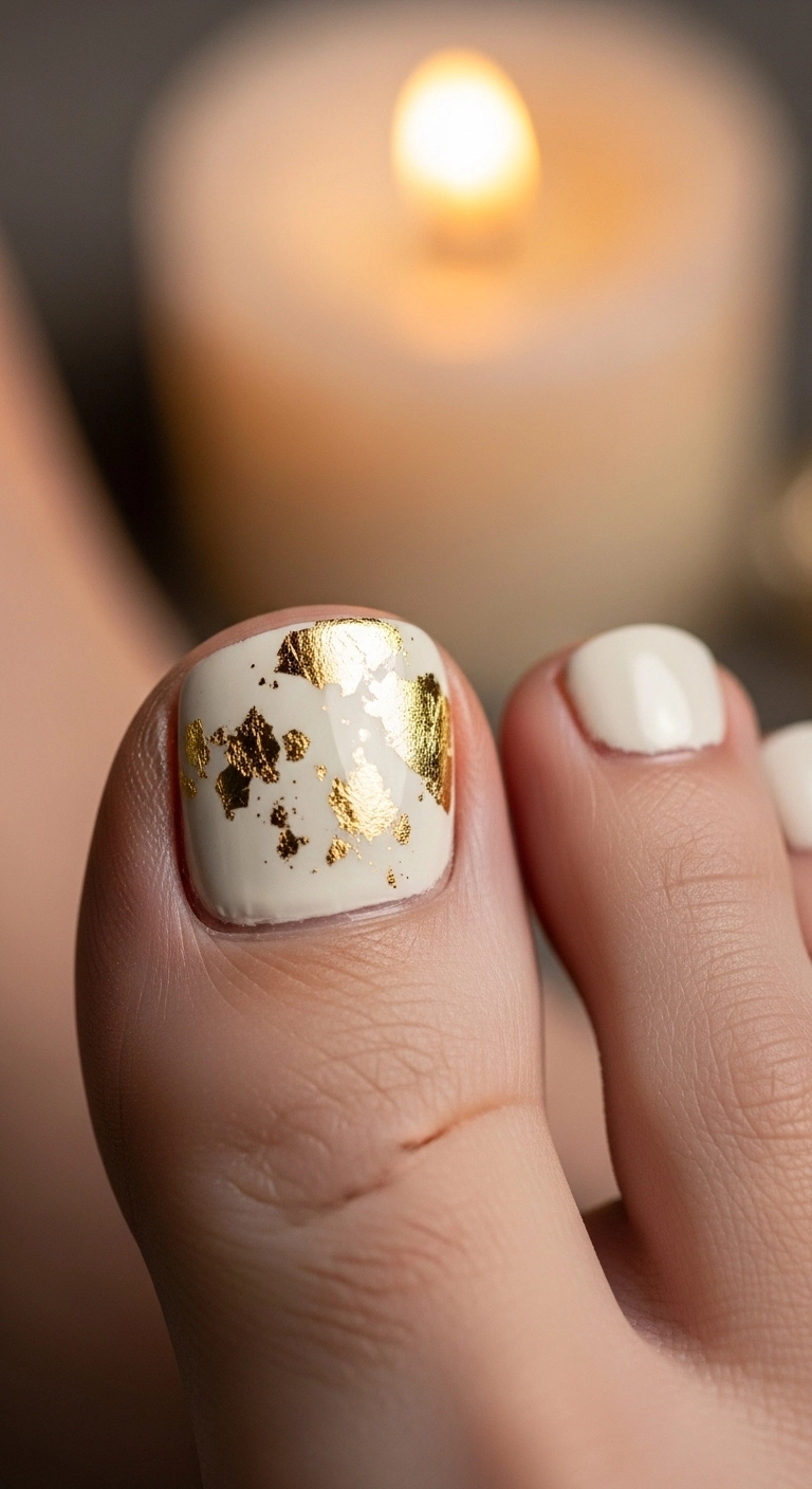 Macro shot of a big toe with gold foil accents on an off-white base.