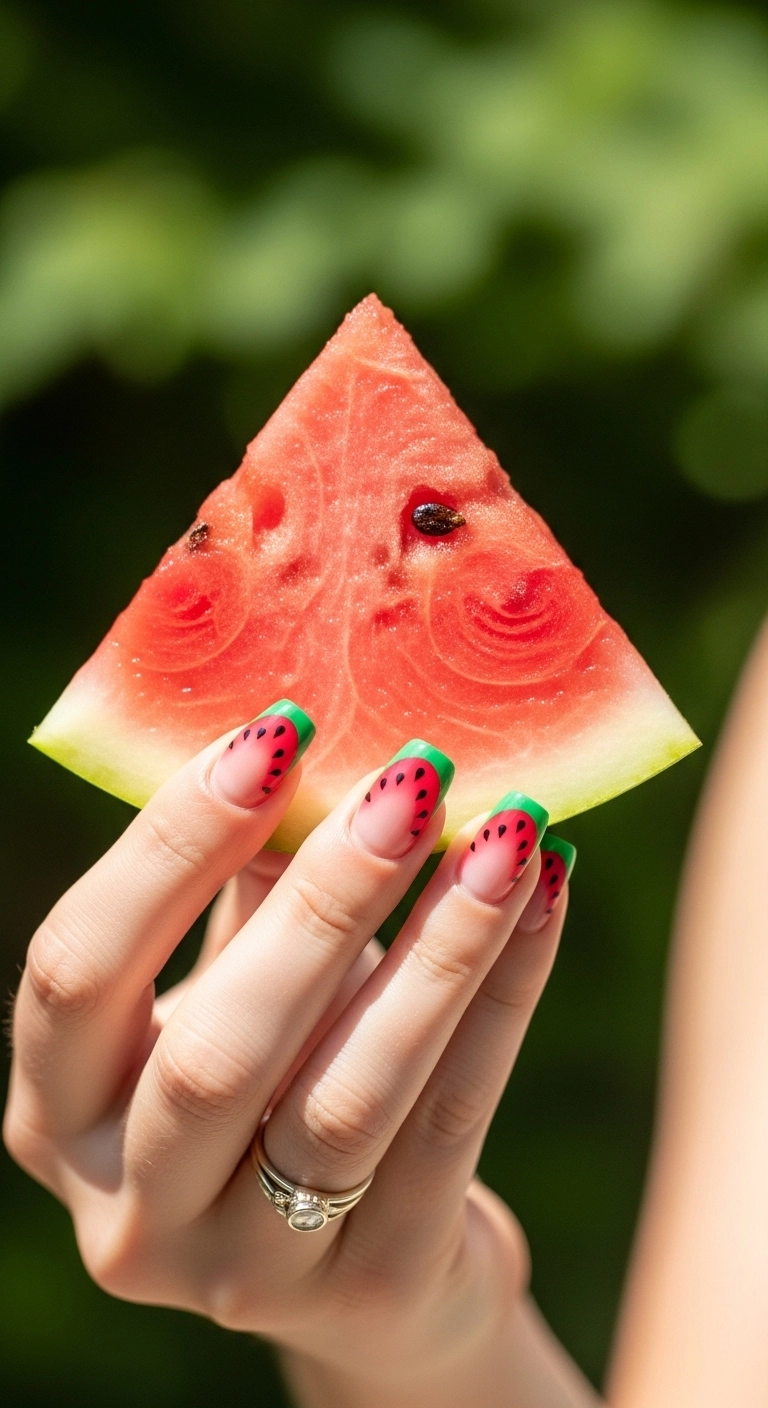 A hand with nails painted like watermelon slices holding a real slice of watermelon.