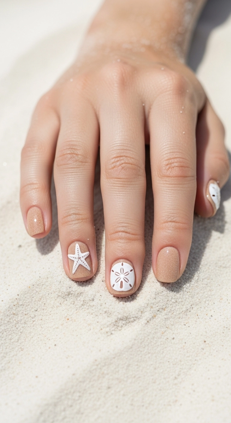 A hand in the sand showing beige nails with white 3D starfish and sand dollar art.