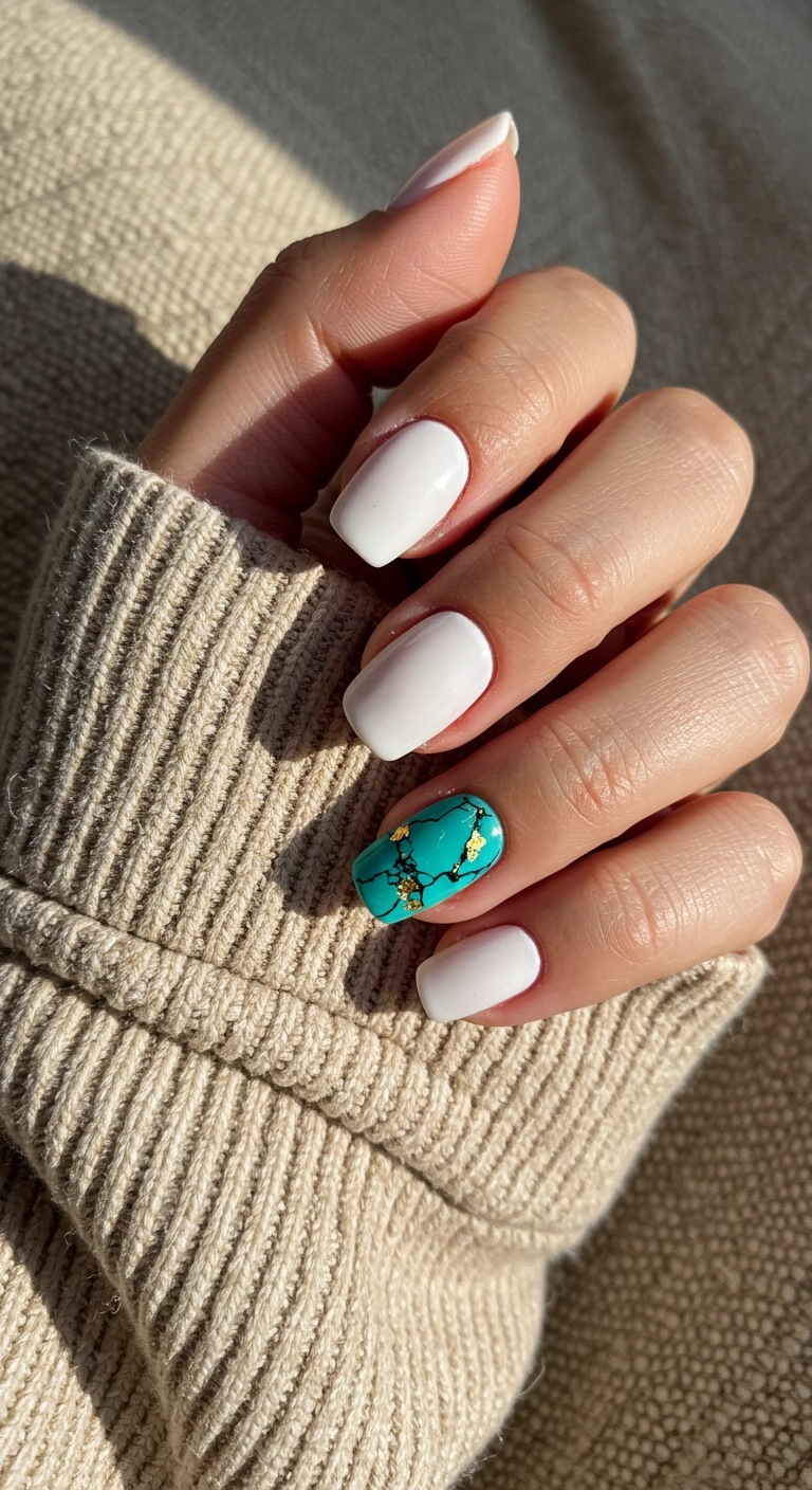 A hand with white nails and a realistic turquoise stone accent nail.