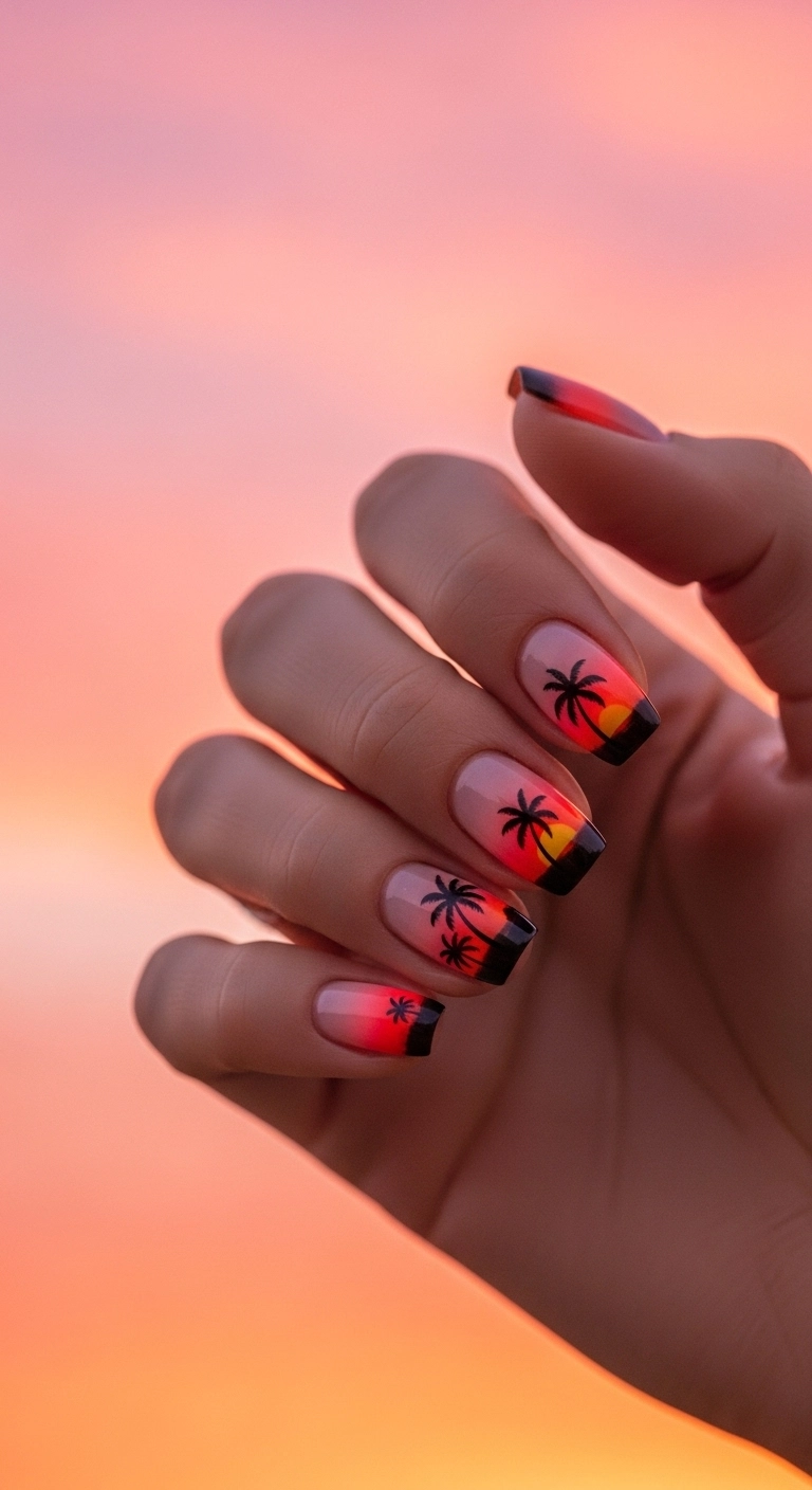 A hand with sunset gradient nails and black palm tree silhouette art.