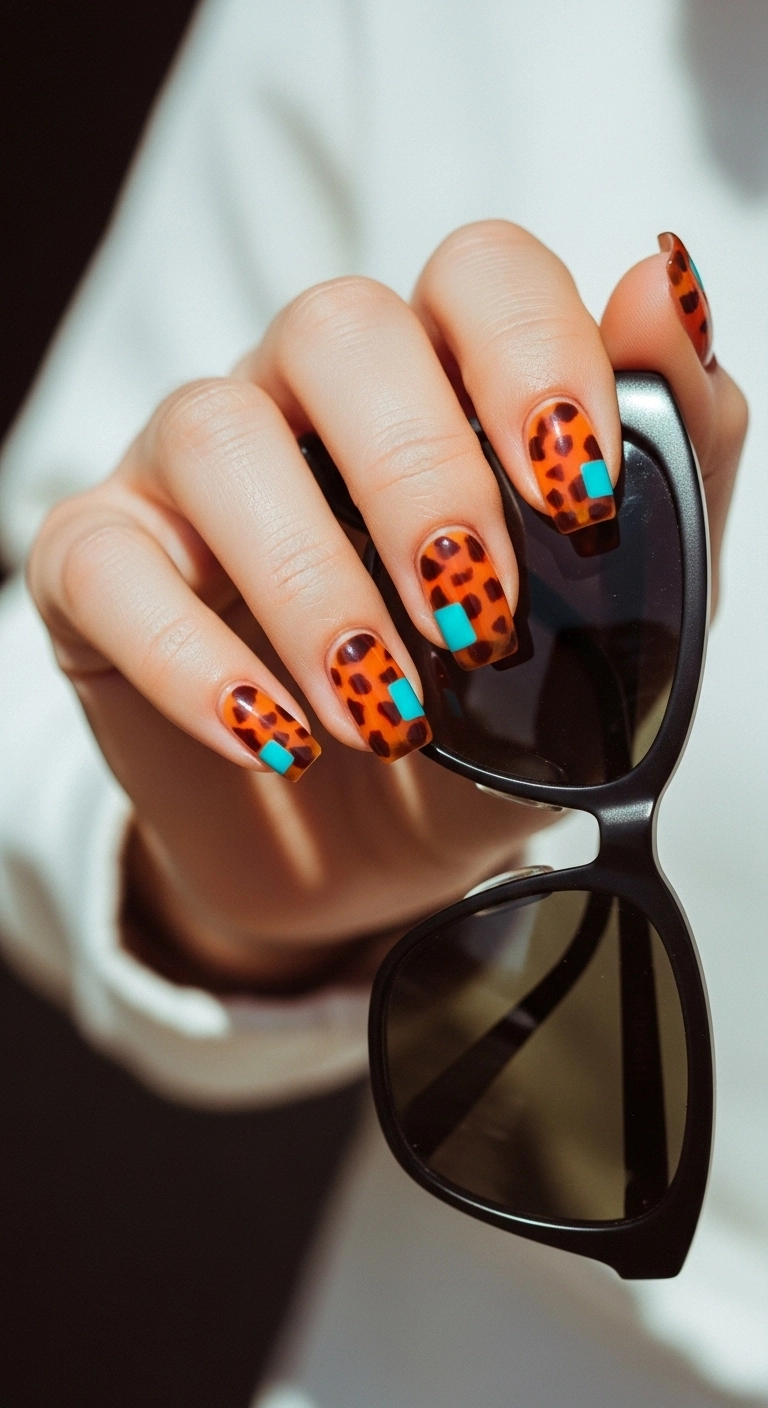 A hand showing a tortoiseshell manicure with pops of turquoise color.