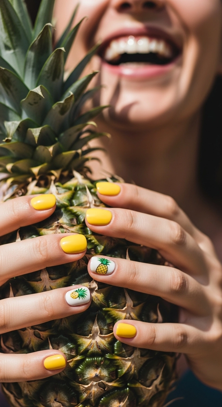 A woman's hand with yellow nails and a cute pineapple accent nail.