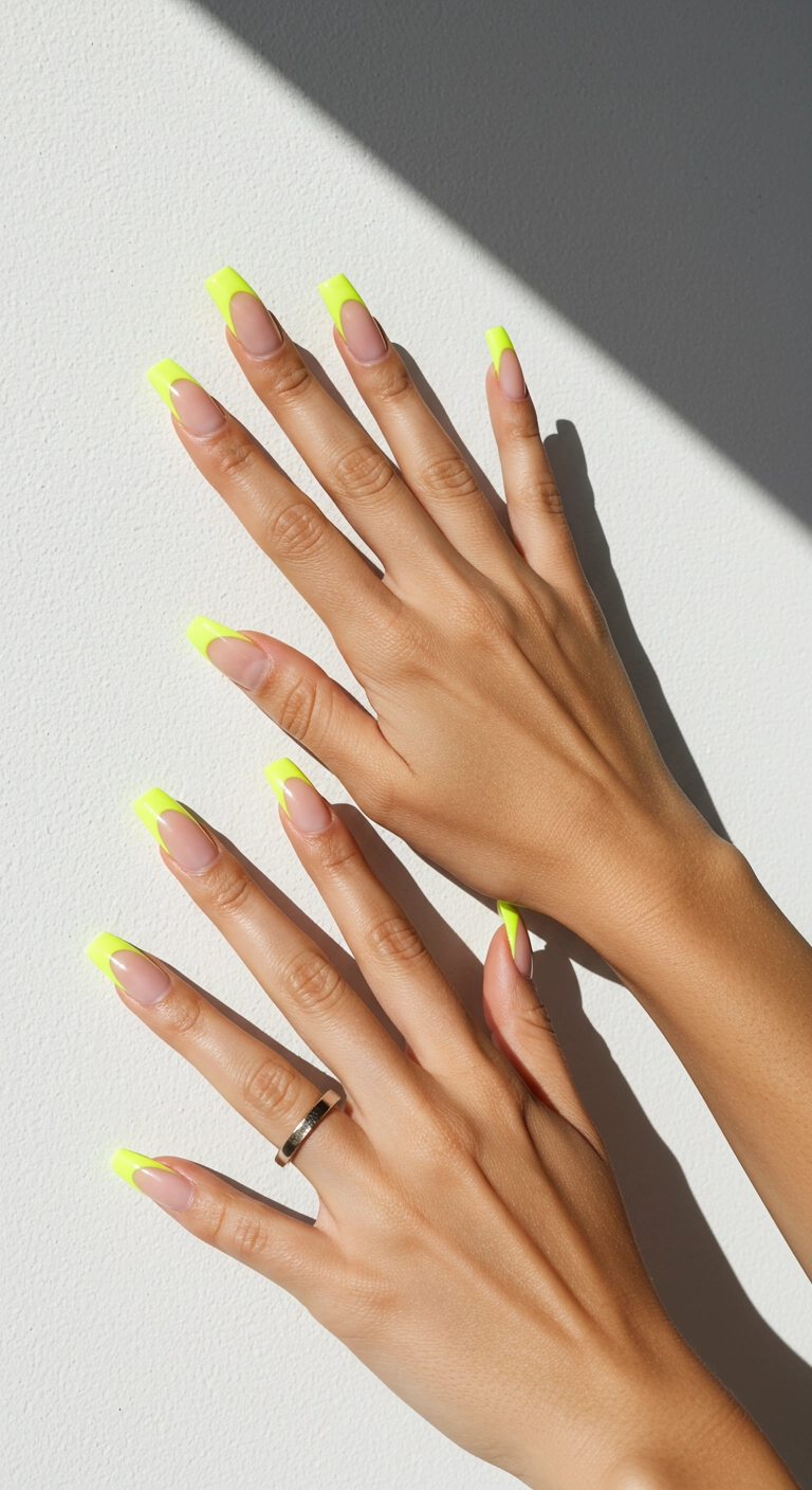 A woman's hands with nude nails and bright neon yellow French tips.