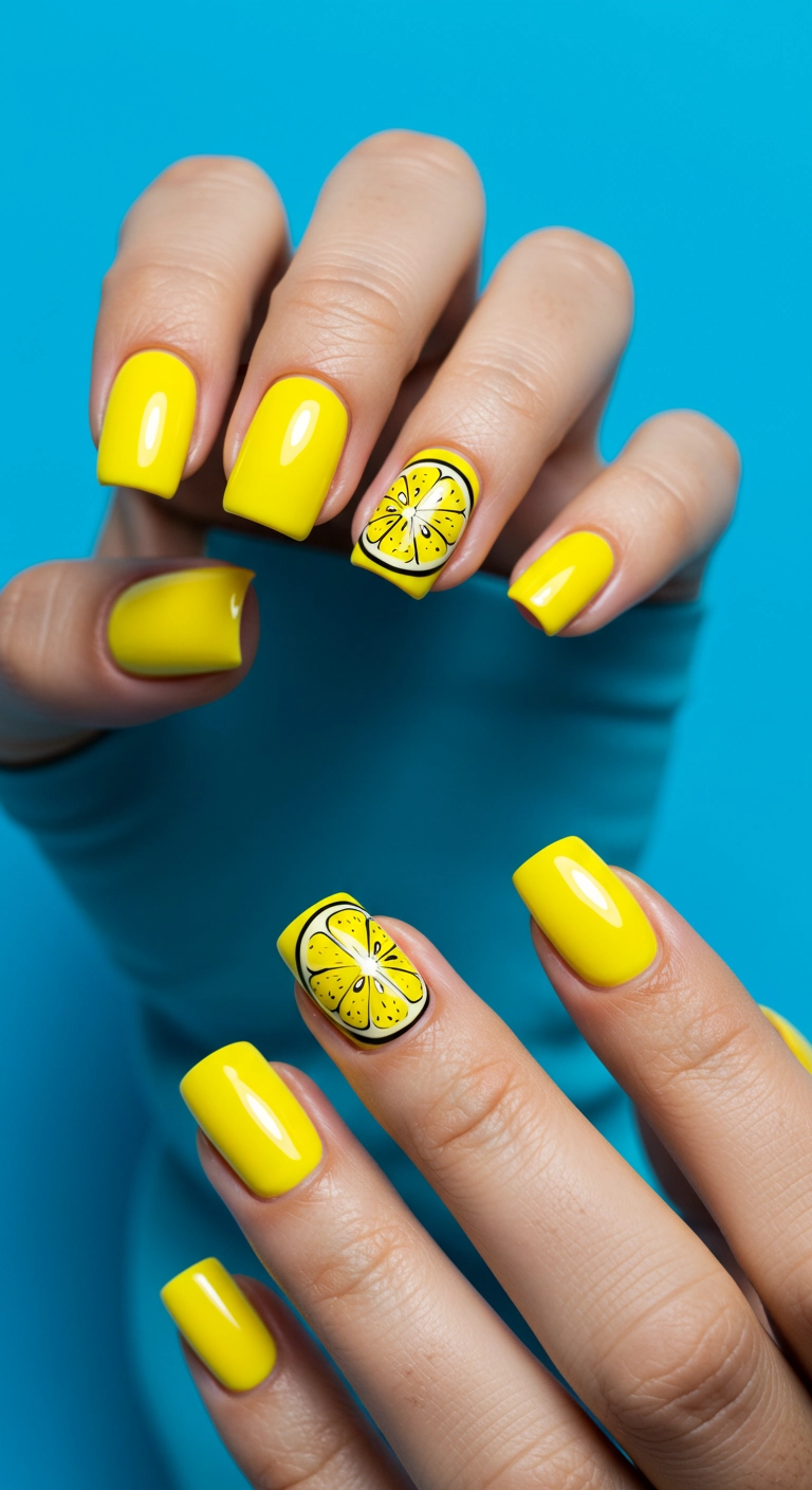 A hand with bright yellow nails and a pop-art style lemon slice accent nail.