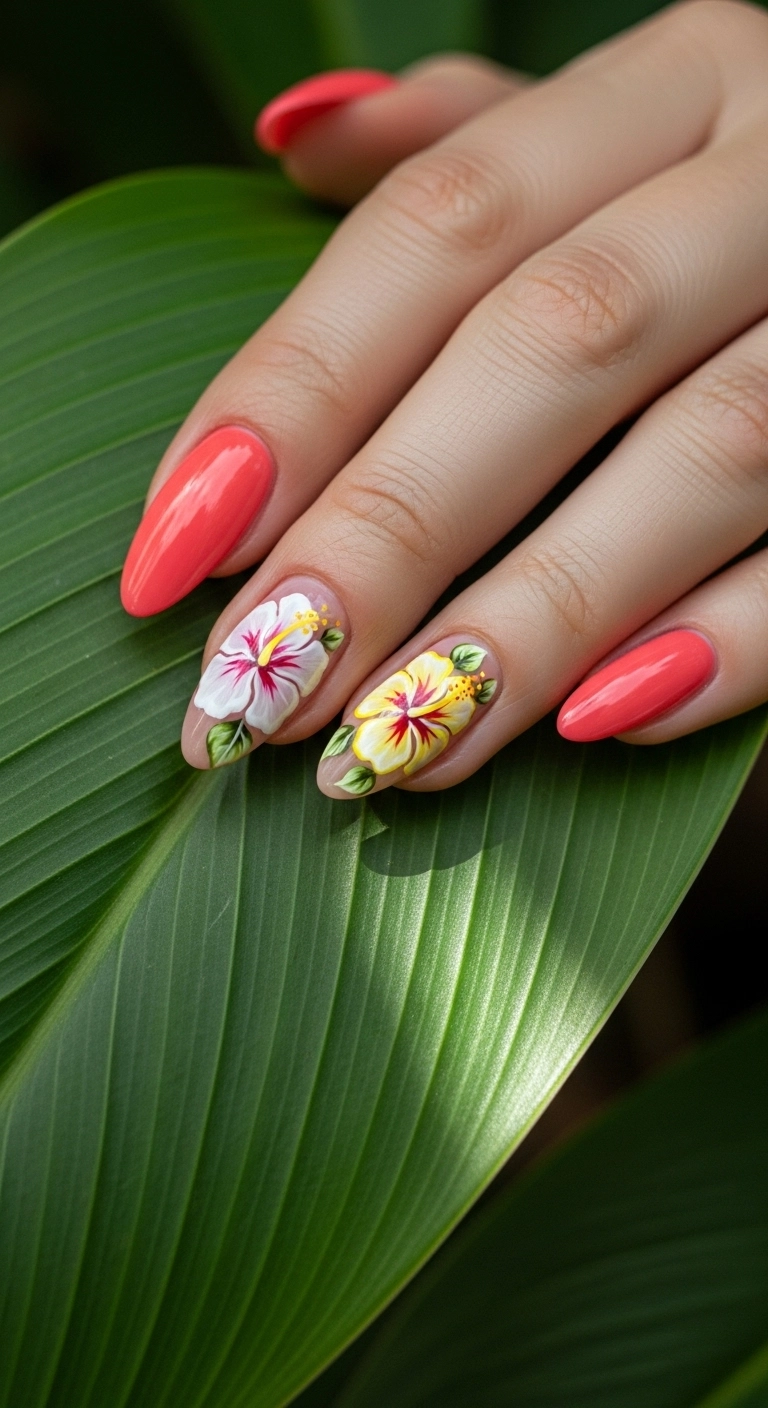 A hand with coral pink nails and detailed hibiscus flower accent art.